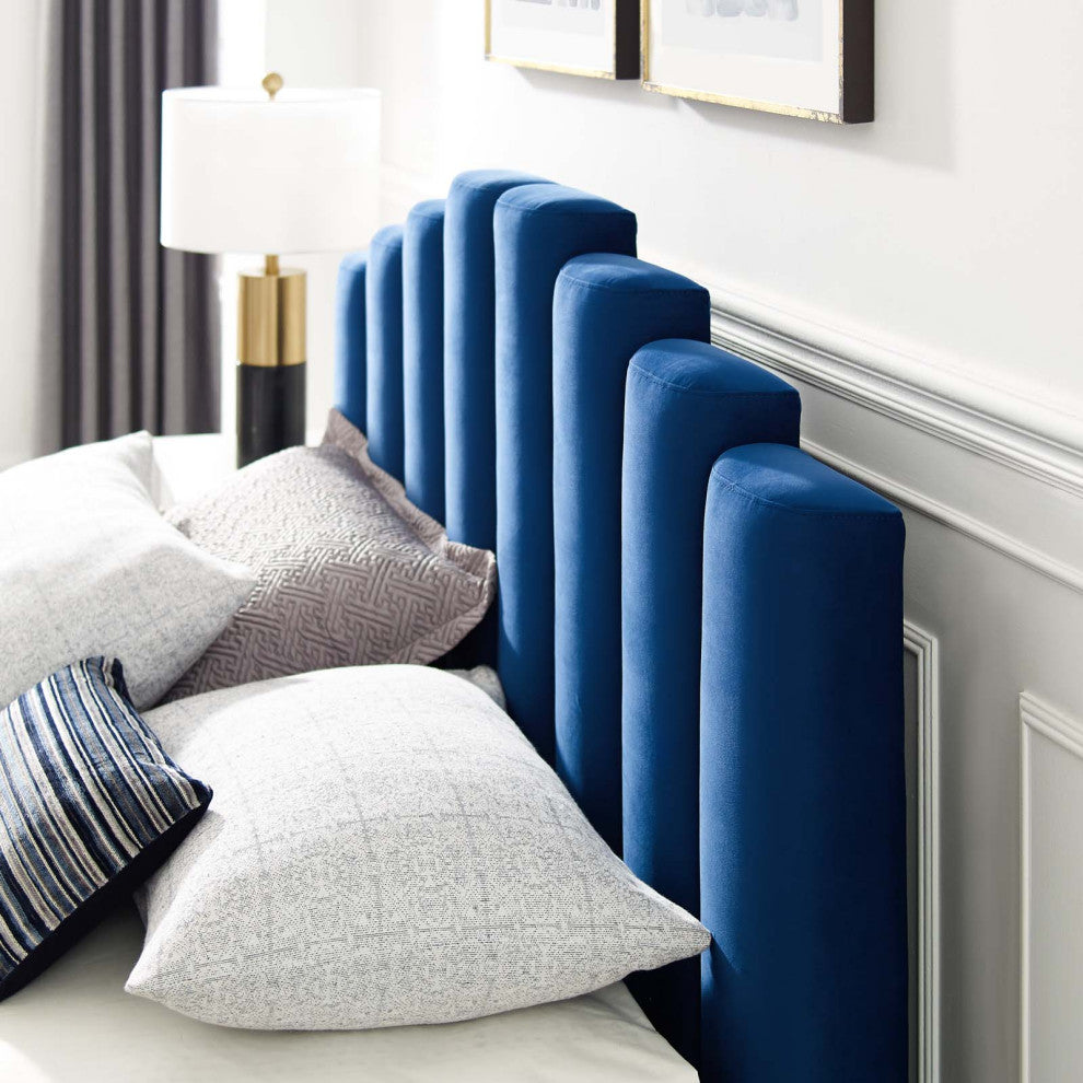 Platform Bed Frame, Queen Size, Velvet, Blue Navy, Modern Contemporary, Bedroom