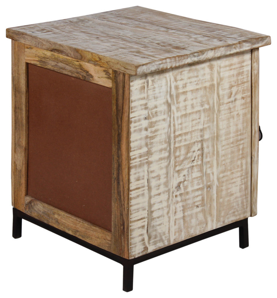 Benzara UPT-263777 Wooden Bedside Table With Metal Frame, White and Black