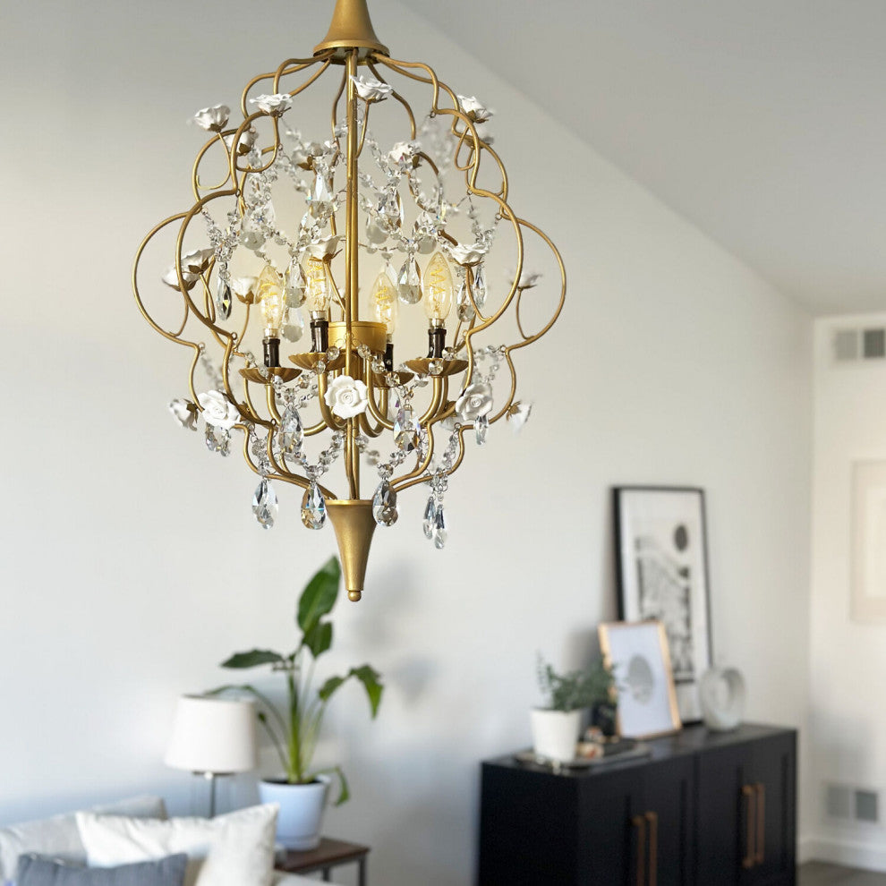 Floral 4-Light Chandelier With Cream Ceramic Roses and Acrylic Beads