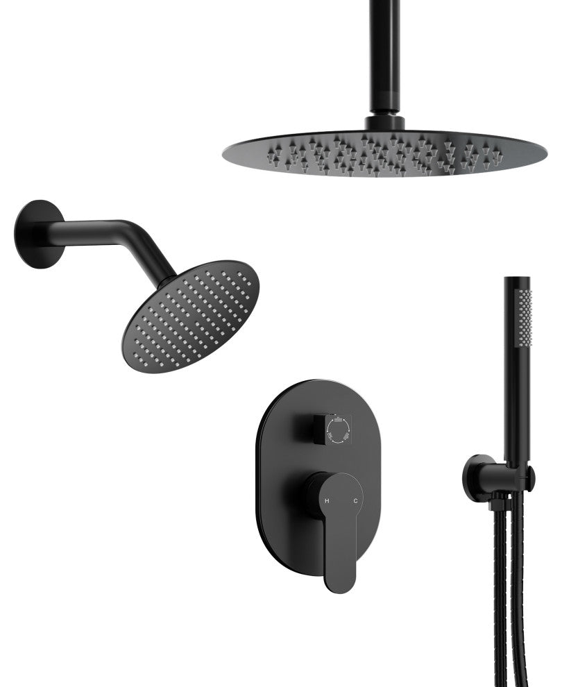 Dual Heads 10" & 6" Rainfall Shower Facuet With Handheld Shower, Matte Black