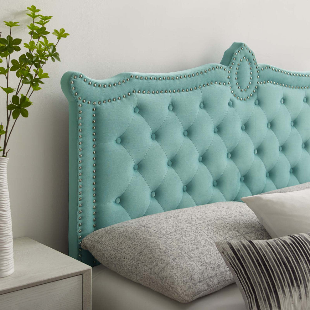 Platform Bed Frame, Nailhead, Queen Size, Blue, Velvet, Modern, Guest Suite