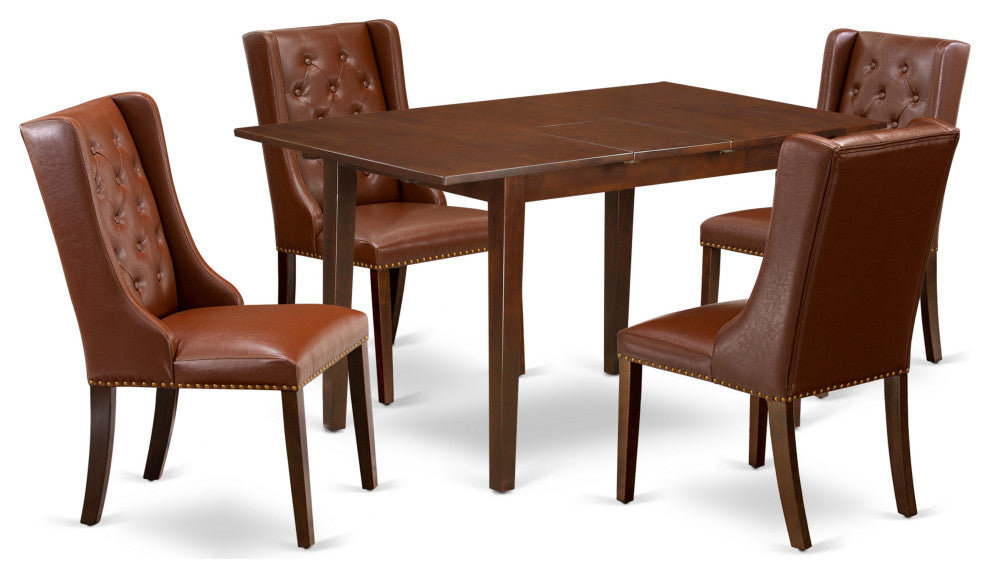 5Pc Dining Set, 1 Butterfly Leaf Table, 4 Brown Padded Chairs, Mahogany Finish