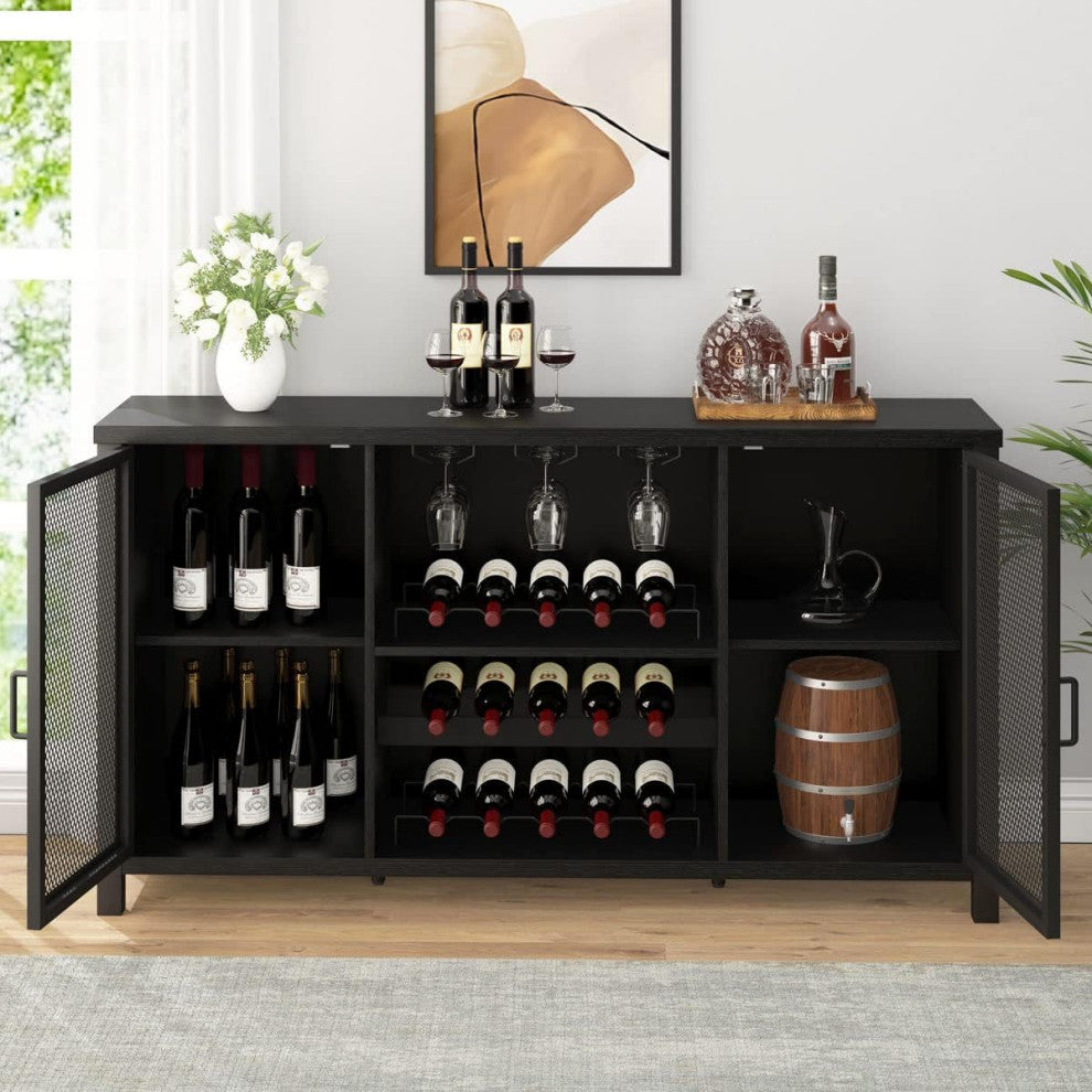 Industrial Bar Cabinet, Center Wine Rack and Glassware Storage in Dark Finish, Black Oak