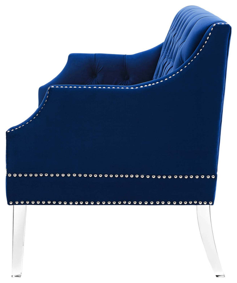 Tufted Loveseat Sofa, Velvet, Blue Navy, Modern, Living Lounge Hotel Hospitality