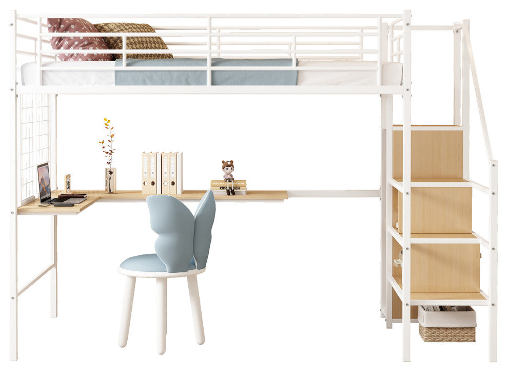 Gewnee Twin Loft Bed with Desk and Storage Wardrobe