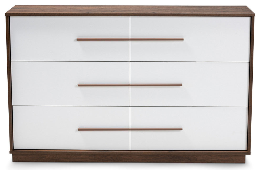 Kaila Mid-Century Modern White and Walnut 6-Drawer Wood Dresser
