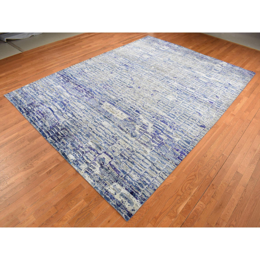 Yale Blue, Diminishing Bricks Design, Sari Silk, Hand Knotted Rug, 9'x12'2"