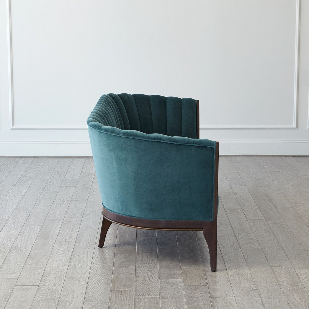 Dragonfly Aqua Blue Velvet Channel Back Sofa Vintage Style Retro Curved 3 Seat