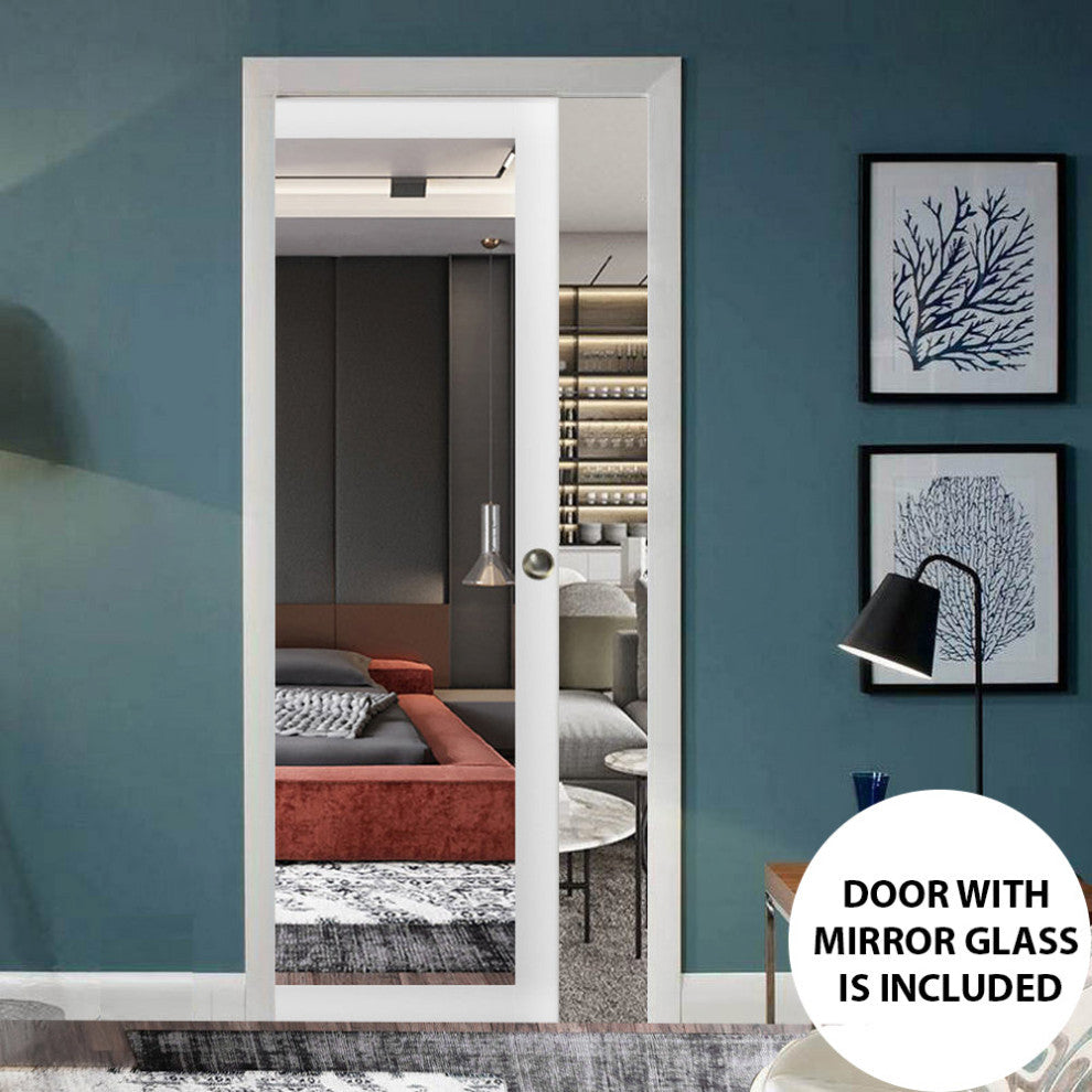 Sliding Pocket Door 24 x 80, Lucia 1299 White & Mirror, Rails