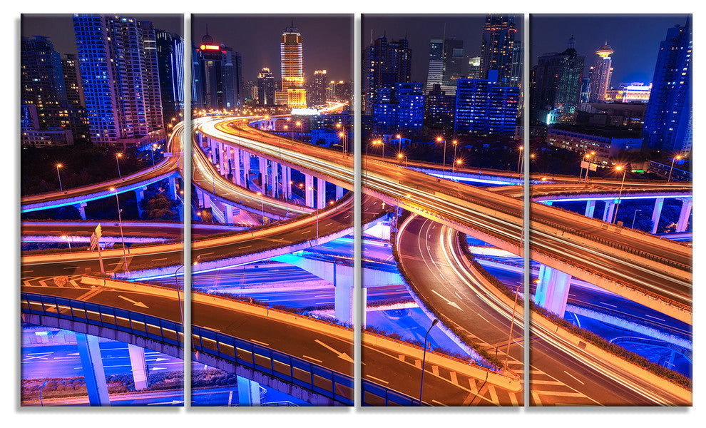 Colorful City Overpass at Night, Cityscape Canvas Art Print, 48"x28", 4 Panels