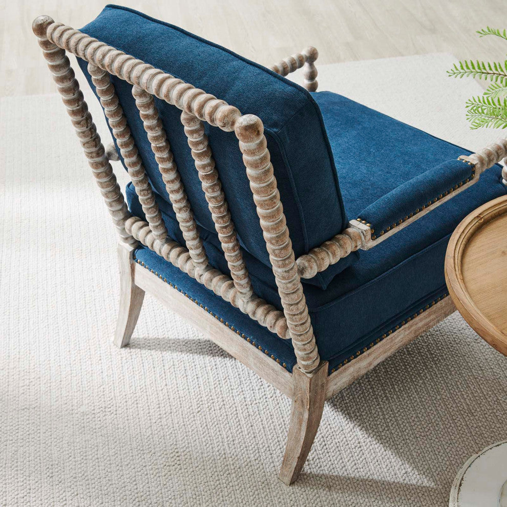 Armchair Accent Chair, Nailhead, Blue Navy Natural, Fabric, Modern, Hospitality