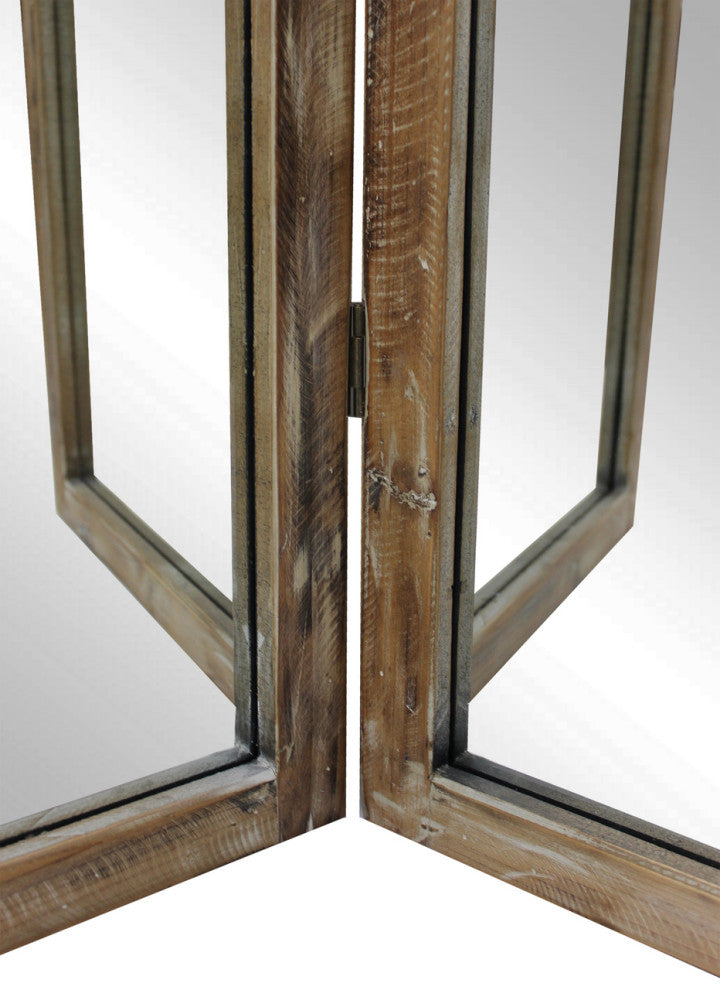 Benzara BM276717 3 Panel Mirror Room Divider, Wood Frame, Distressed Brown