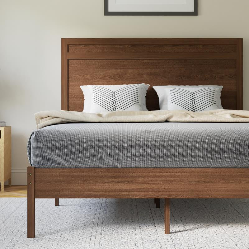 Kingston Solid Wood Platform Bed with Wooden Slats and Headboard, Brown, Full