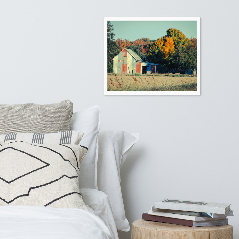 Patriotic Weathered Barn in Field Cross Processed Framed Photo Wall Art Prints, White, 16" X 20"
