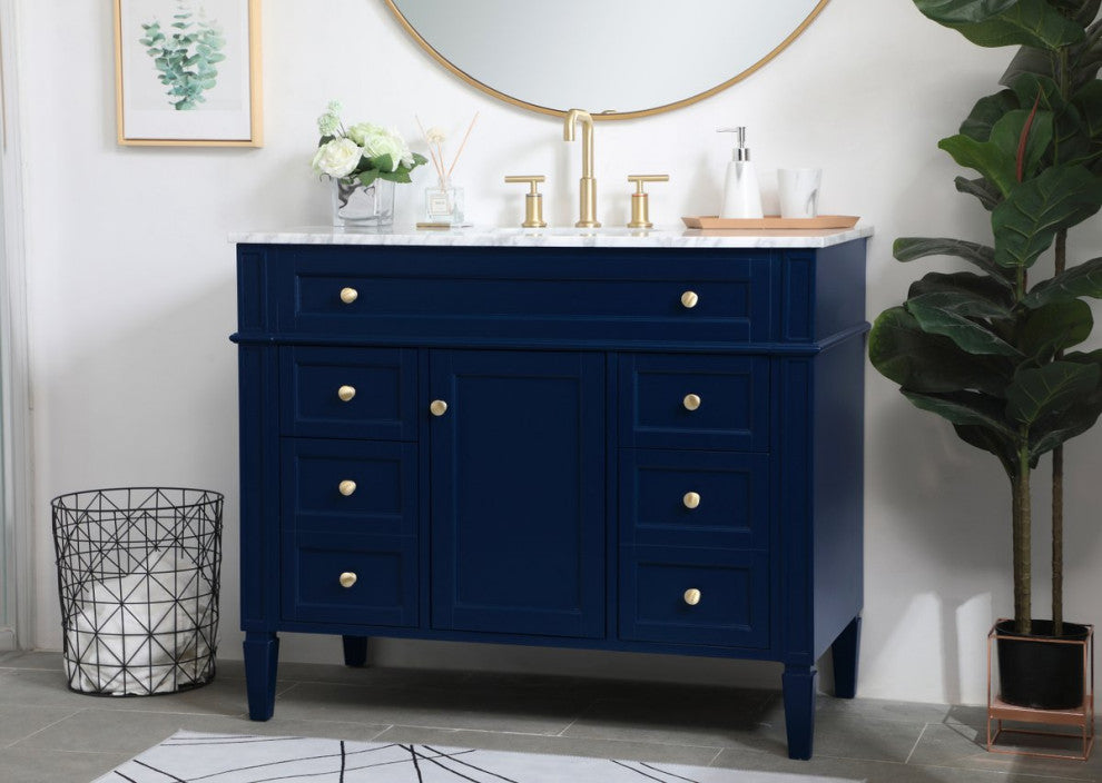 Home Living Vanity with Carrara White Marble Countertop, Blue, 42", Single Sink