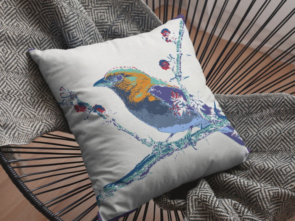 16" Blue White Robin Suede Throw Pillow