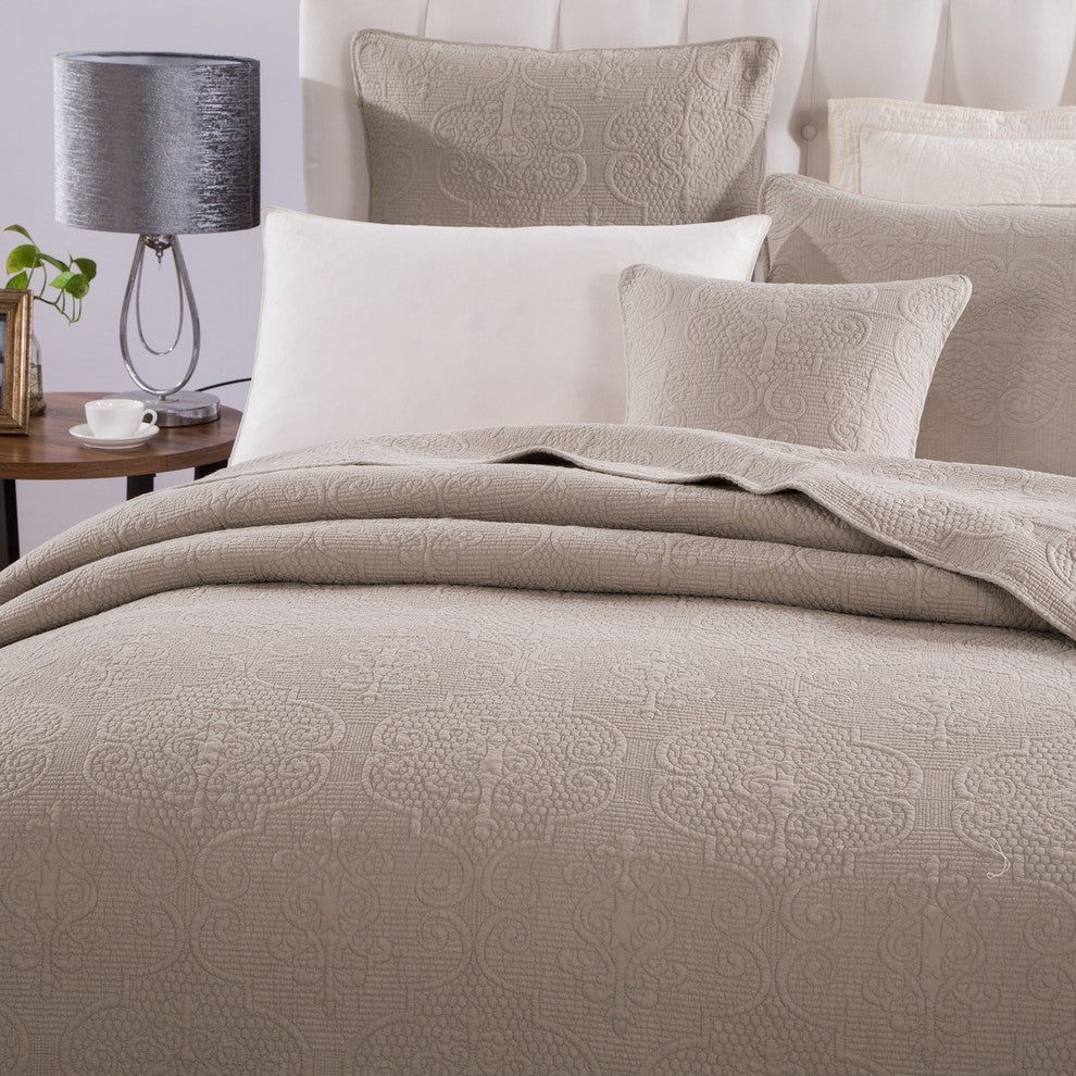Neutral Beige Sand Dollar Floral Embossed Textured Quilted Bedspread Set, Queen