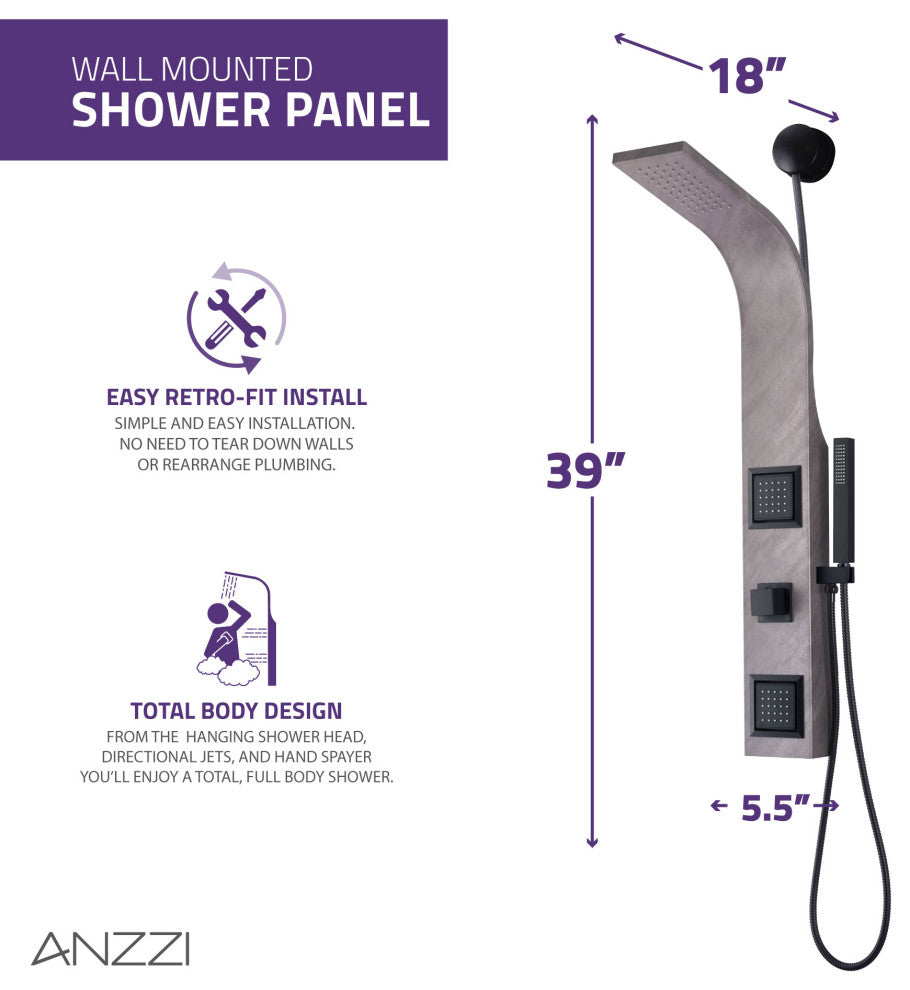 Aura 2-Jetted Shower Panel With Heavy Rain Shower and Spray Wand, Gray Marble