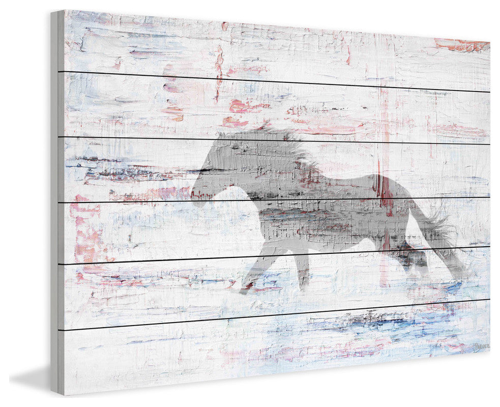 "Grey Horse Trot" Painting Print on White Wood, 24"x16"