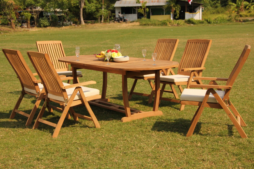 7-Piece Outdoor Teak Dining Set: 94" Masc Oval Table & 6 Marley Reclining Chairs
