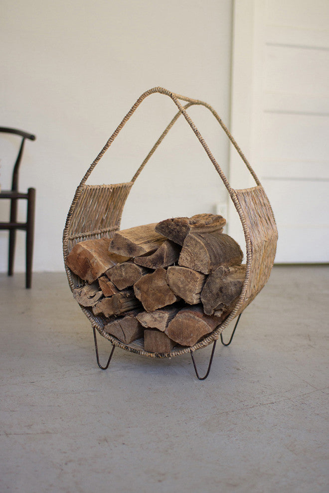 Woven Rush and Metal Firewood Rack with Tall Handle