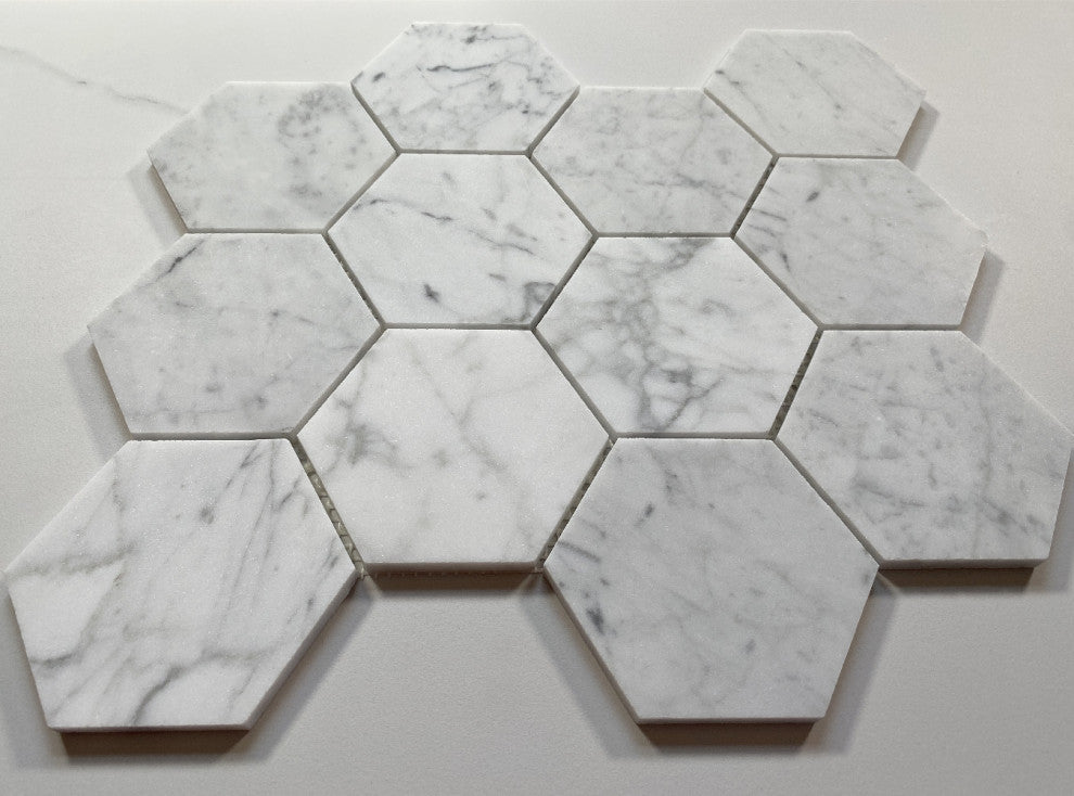 4" Honed Hexagon Carrara White Venato Carrera Marble Mosaic Floor Tile, 1 sheet