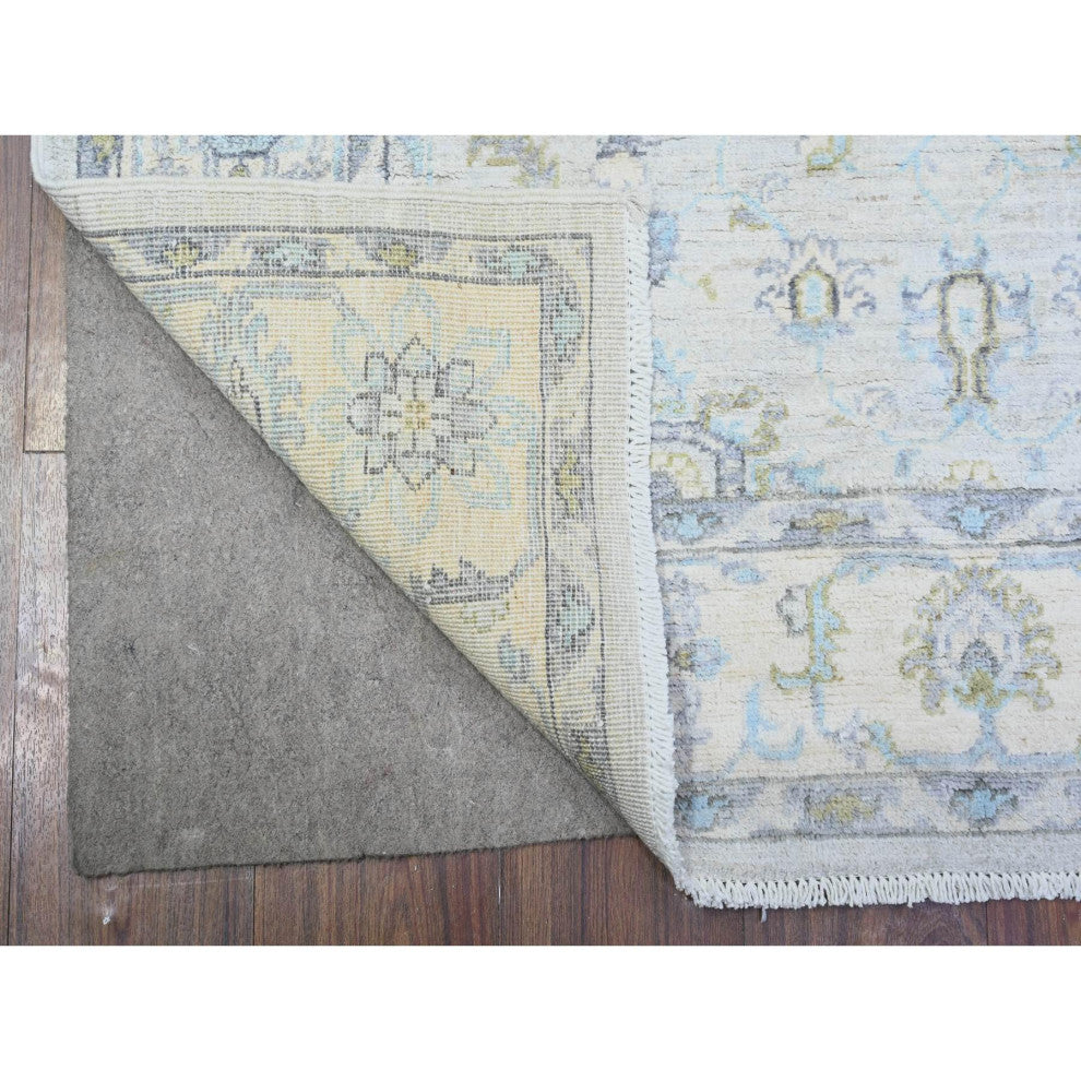 Gray Washed Out Peshawar With Motifs Soft Wool Hand Knotted Rug 3'11"x5'9"