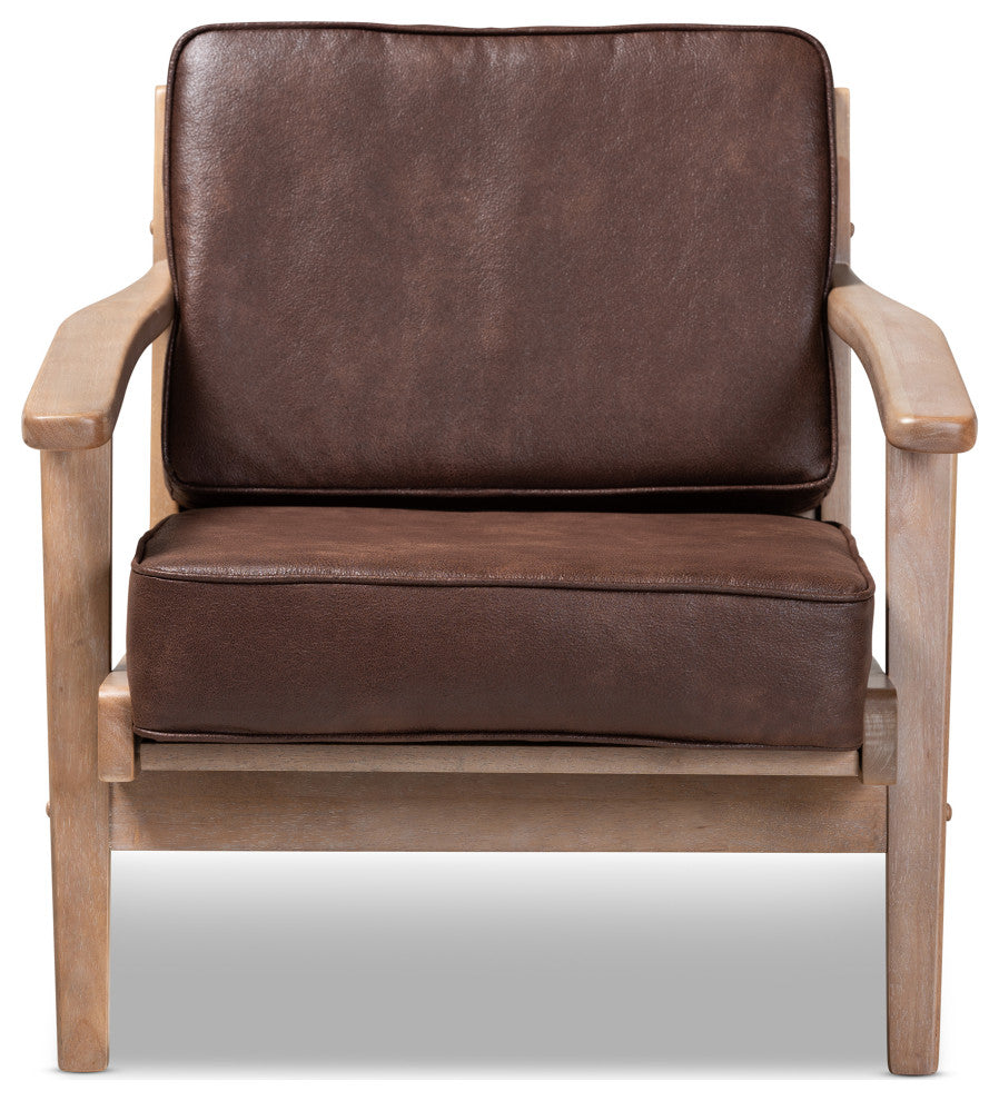 Woodard Dark Brown Faux Leather Effect Upholstered Antique Oak Wood Armchair