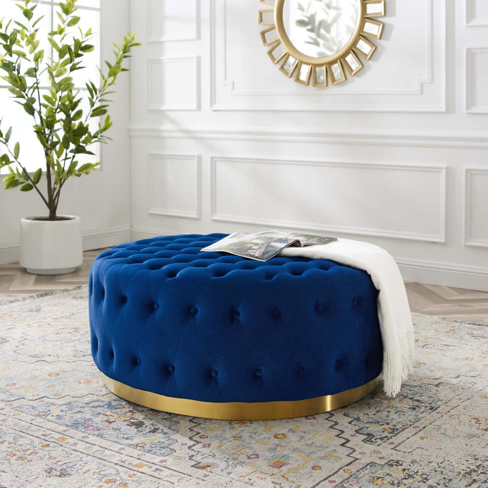 Tufted Accent Chair Ottoman, Round, Velvet, Blue Navy, Modern, Lounge