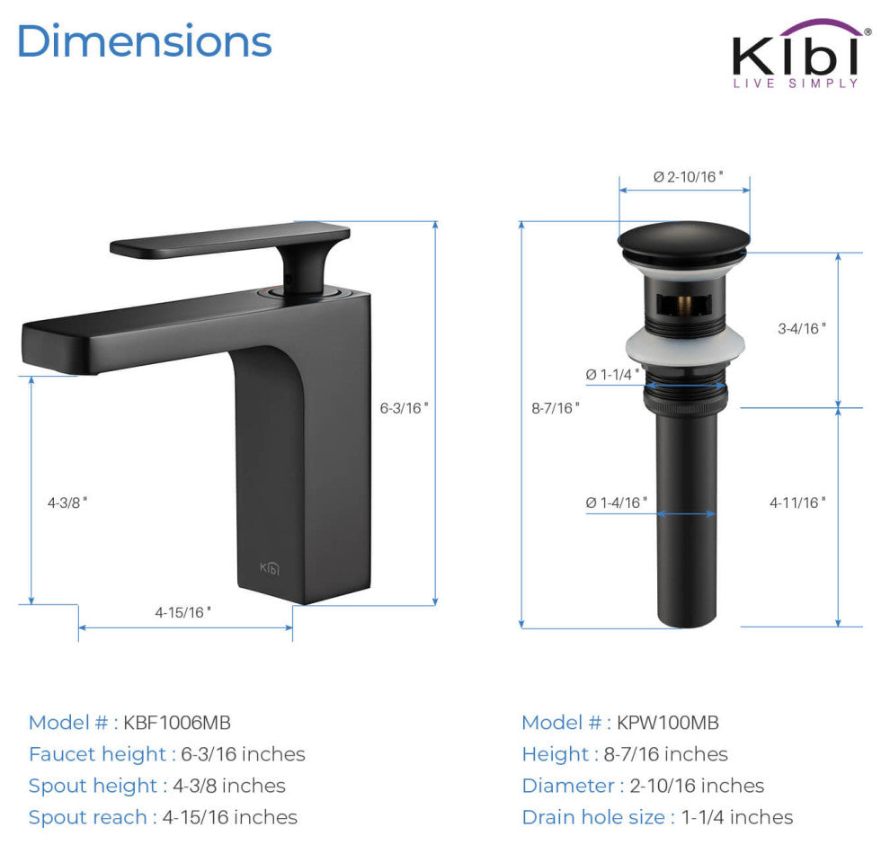 Infinity Single Handle Bathroom Faucet KBF1006, Matte Black, W/ Drain