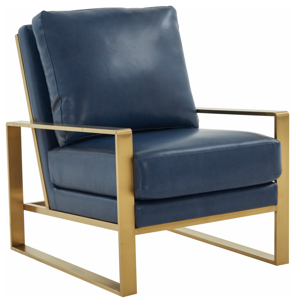LeisureMod Jefferson Arm Chairs With Gold Frame and Coffee Table, Navy Blue