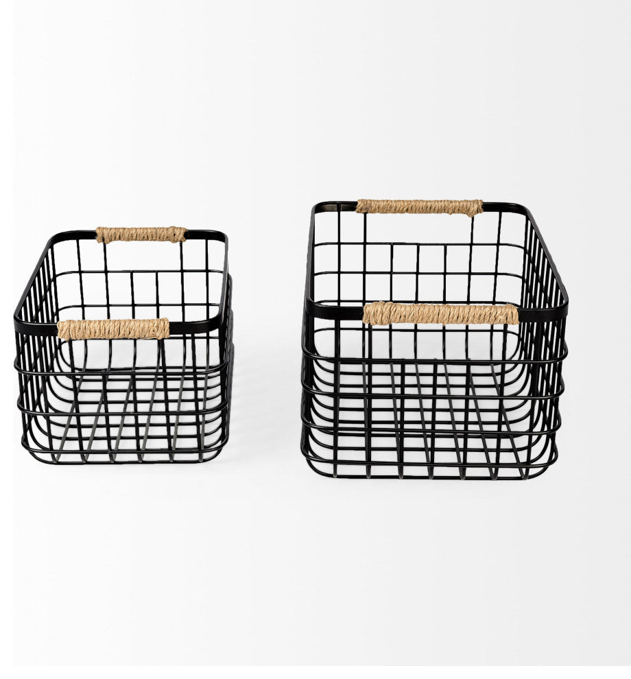 Marius Matte Black Metal w/ Rope Trim Rectangular Baskets (Set of Two)