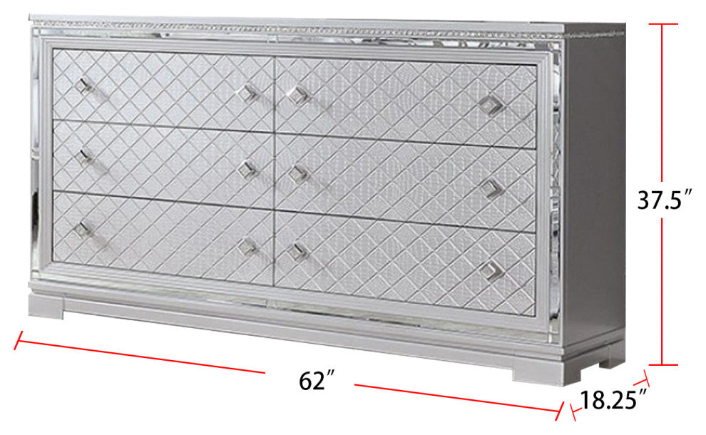 6 Drawers Dresser With Chrome Square Knob, Silver
