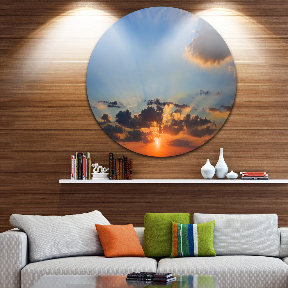 Beautiful Cloudy Sunset Panorama, Seascape Disc Metal Wall Art, 11"
