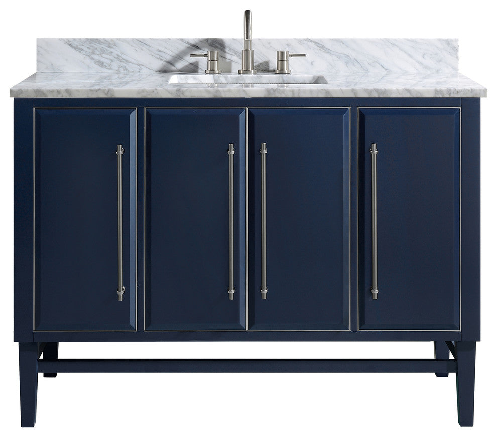 Mason 49" Vanity Combo, Navy Blue, Brushed Silver / Natural 1" Carrara White Marble Countertop and Backsplash