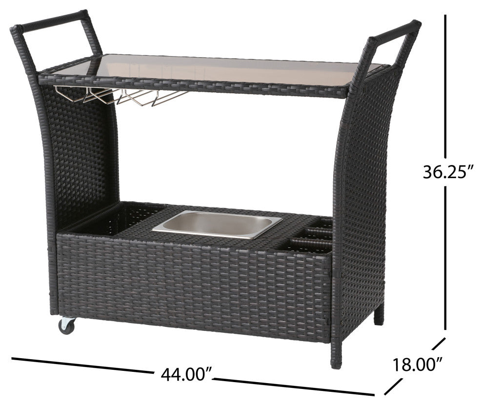Benett Outdoor Wicker Bar Cart With Tempered Glass Top