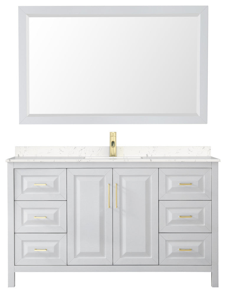 60" Single Vanity White, LV Carrara Cult. Marble Top, Sink, 58"Mirror, Gold Trim