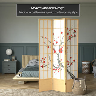 7' Tall Cherry Blossom Shoji Screen, Natural, 3 Panels