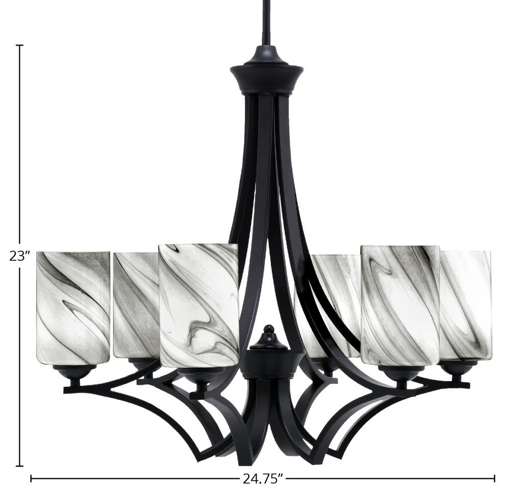 Zilo 6 Light Chandelier, Matte Black Finish With 4" Onyx Swirl Glass