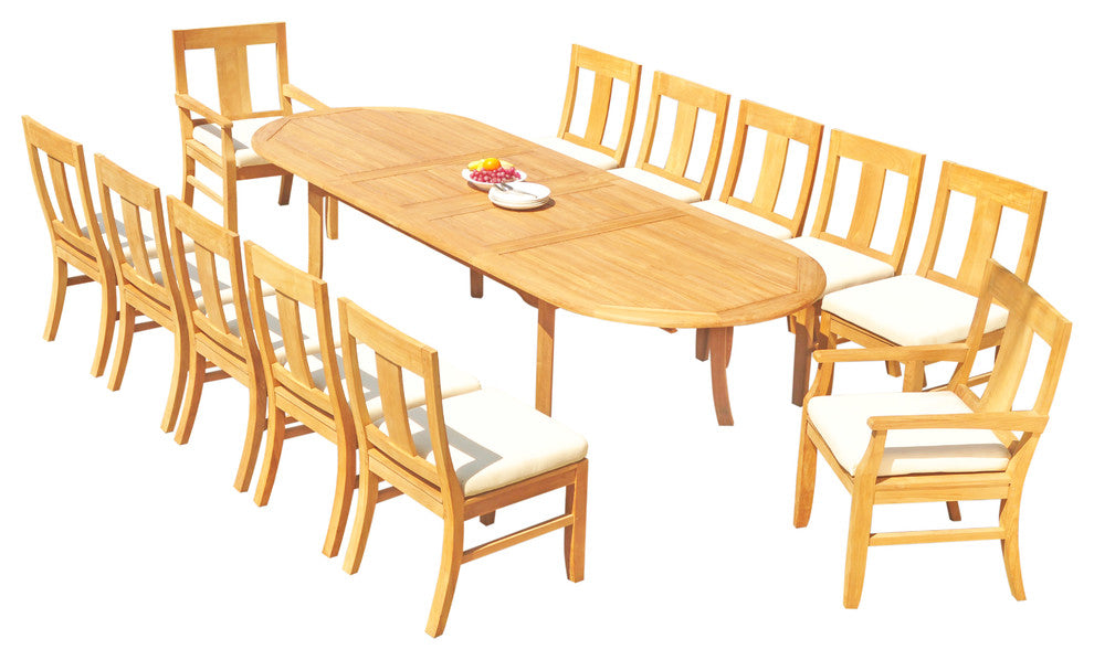 13-Piece Outdoor Teak Dining Set, 117" Extension Oval Table, 12 Osbo Chairs