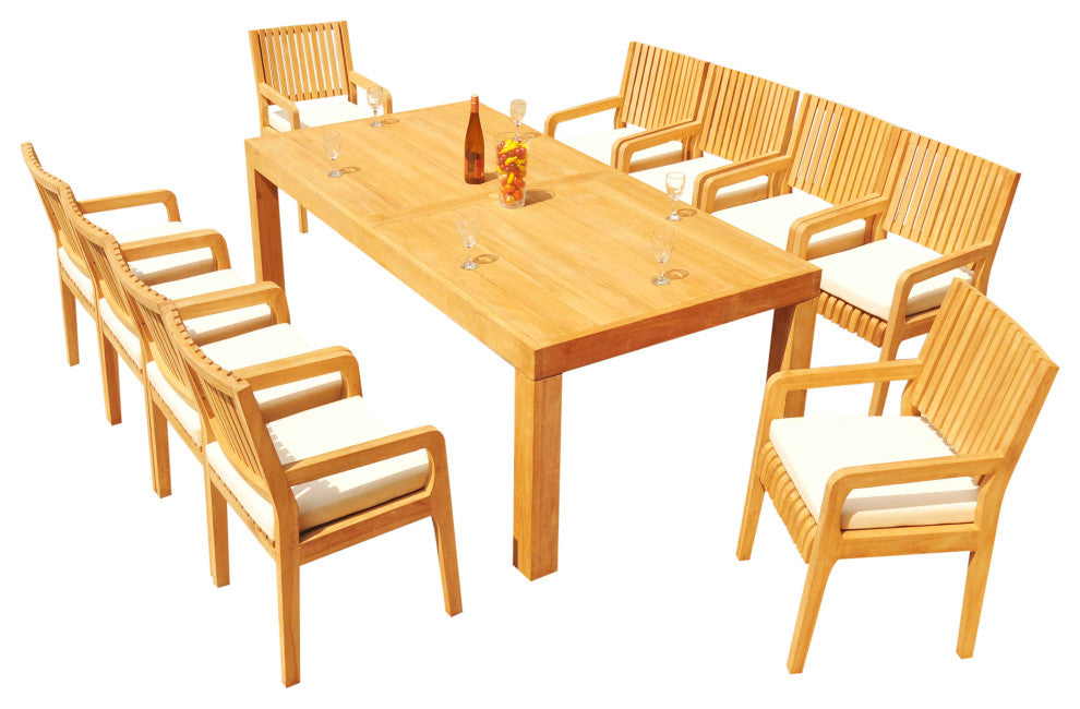 11-Piece Outdoor Teak Dining Set: 86" Rectangle Table, 10 Maldives Arm Chairs