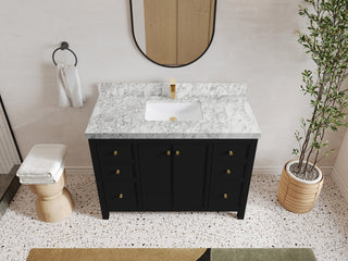 Chicago 48" Single Sink Bathroom Vanity, Black 2" Carrara Marble