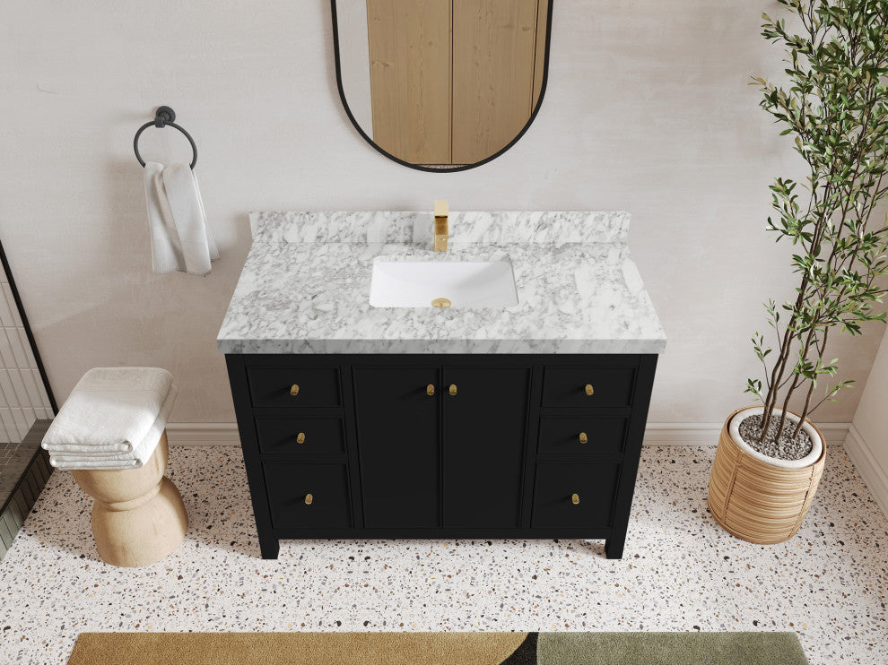 Chicago 48" Single Sink Bathroom Vanity, Black 2" Carrara Marble