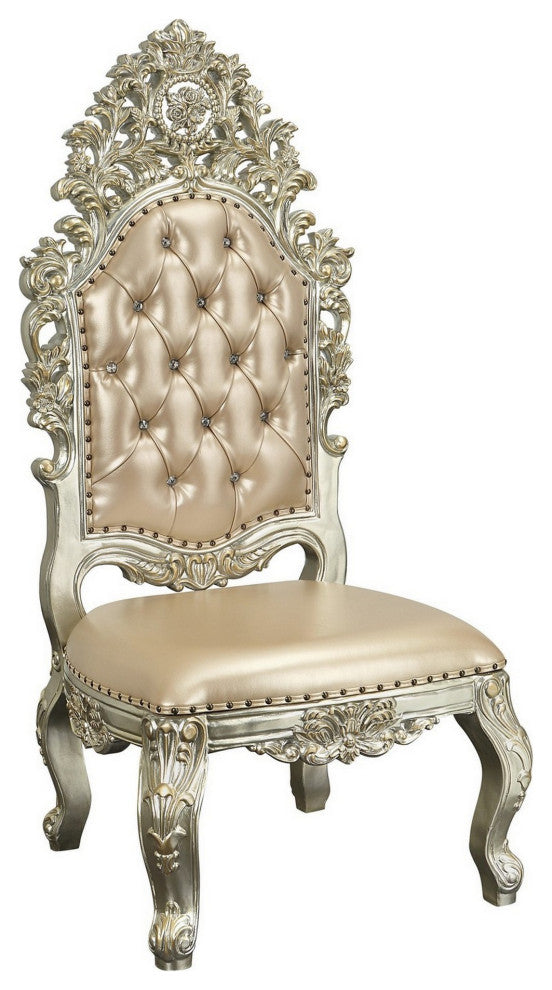 Benzara BM280529 27" Leather Dining Chair, Set of 2, Ornate Carved, Gold, Beige