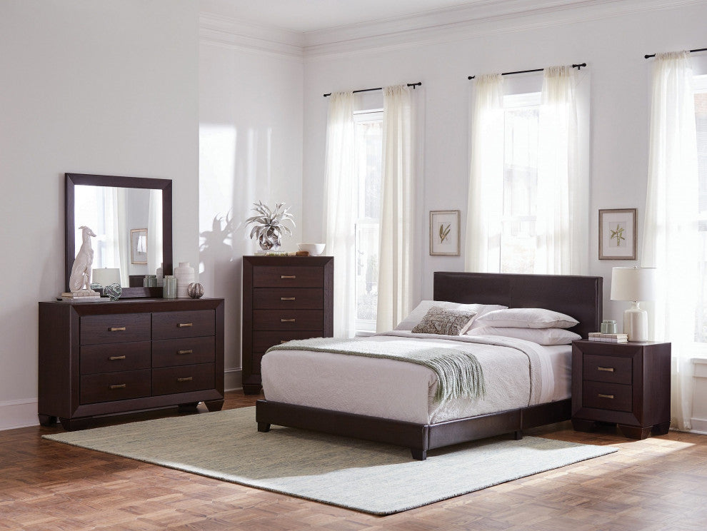 Leatherette Upholstered Bed, Queen Size, Brown