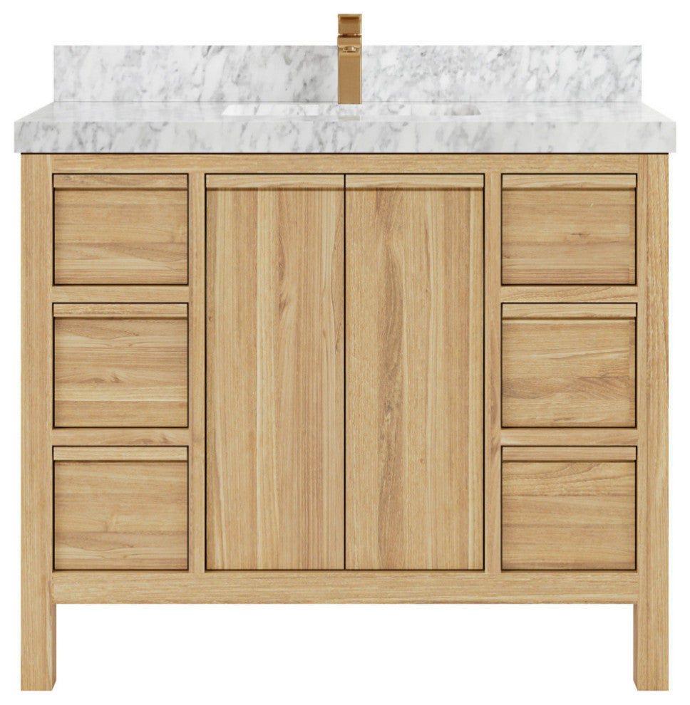 Elizabeth 42 Single Sink Bath Vanity in Light Natural Teak 2" Carrara Marble