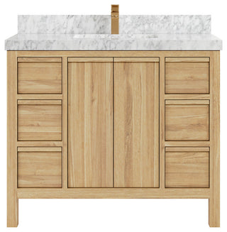 Elizabeth 42 Single Sink Bath Vanity in Light Natural Teak 2" Carrara Marble