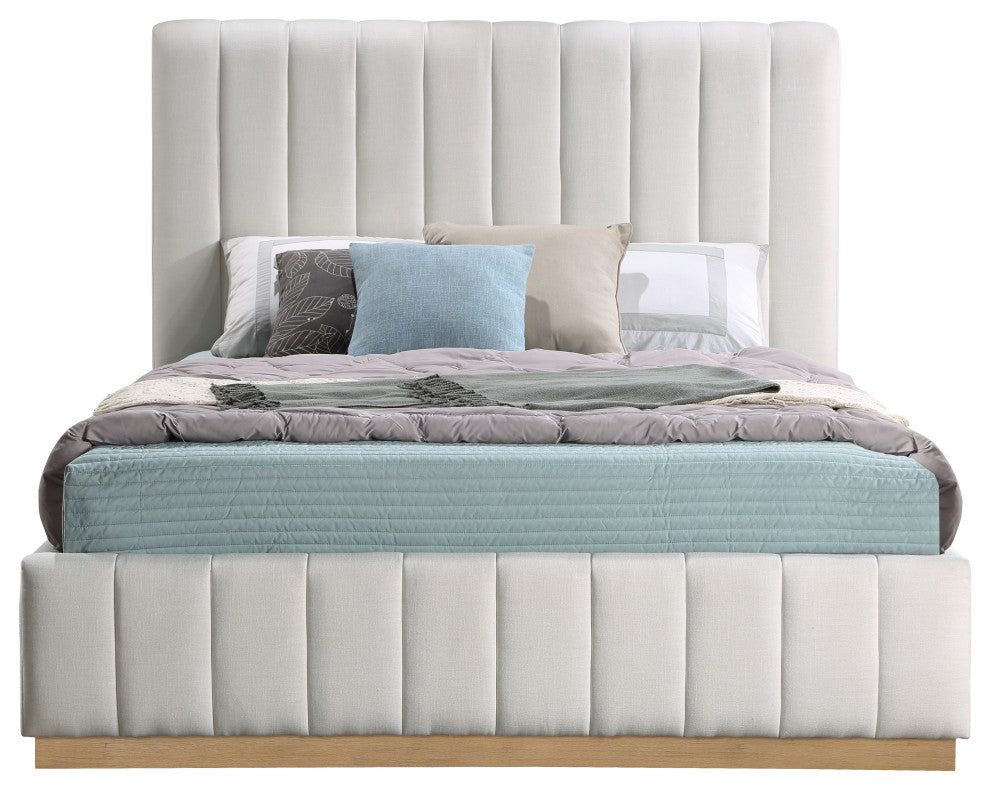 Lucia Beige Linen Textured Fabric Full Bed, Cream, Full, Natural Finish