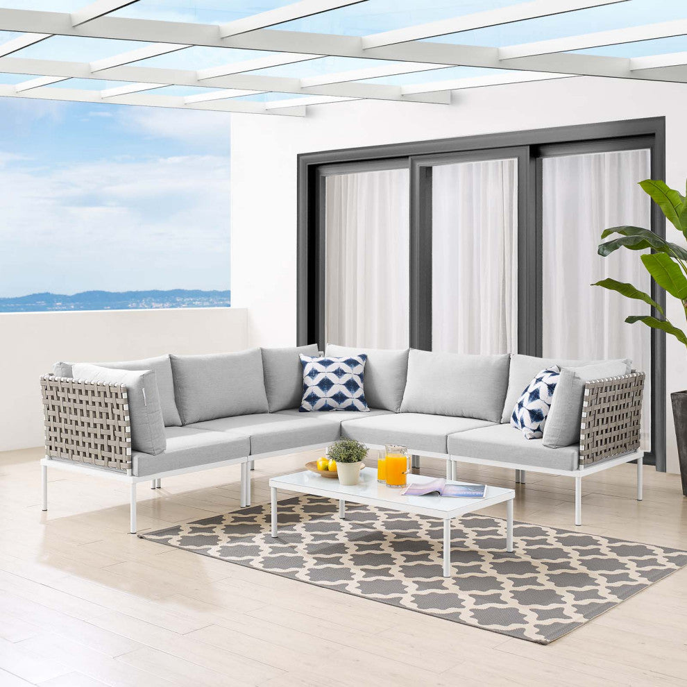 Lounge Sectional Sofa Chair Table Set, Sunbrella, Aluminum, Gray, Outdoor