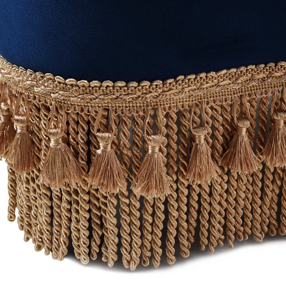 Ellen Tufted Bullion Trim Ottoman, Navy Blue & Gold